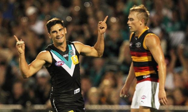 Bad weekend at Bernie's: Port's Chad Wingard salutes as Adelaide midfielder Bernie Vince looks on - ${keywords}